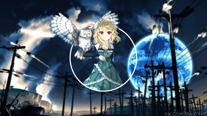 Anime girl with owl and moon