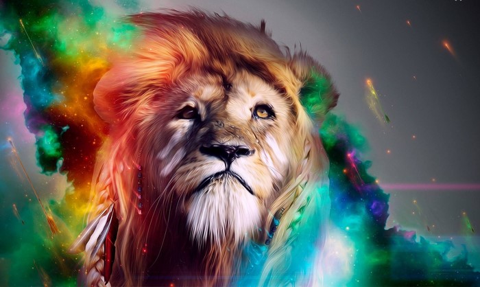 Digital art of a lion with colorful cosmic background