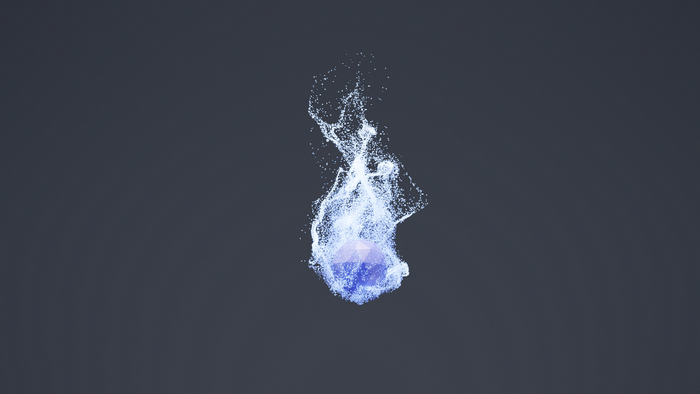 Abstract blue particle explosion around a geometric shape