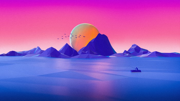 Low poly landscape with a fisherman at sunset