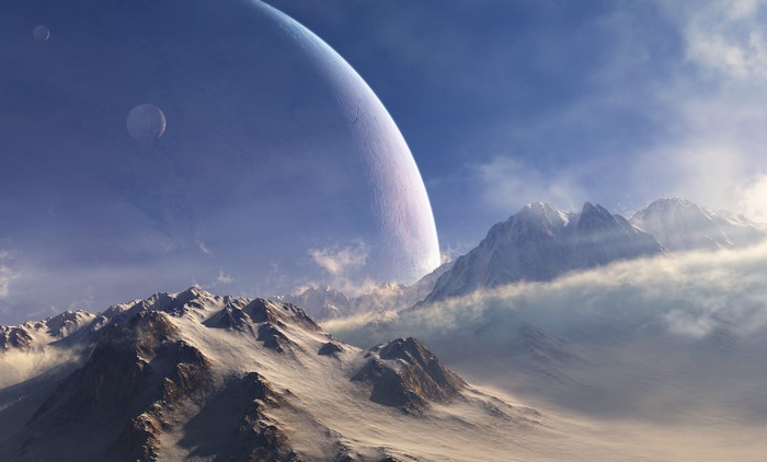 Alien planet landscape with mountains and moons