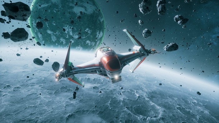 Everspace spaceship flying near a planet and asteroids