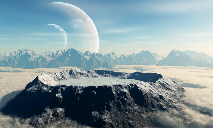 Crater on a snowy planet with two moons and mountains