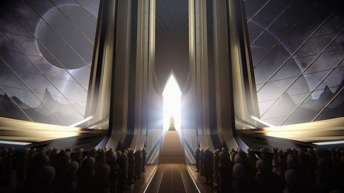 Figure on stairs in futuristic hall with crowd