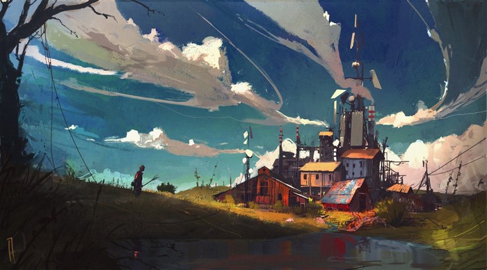 Futuristic industrial landscape with a lone figure