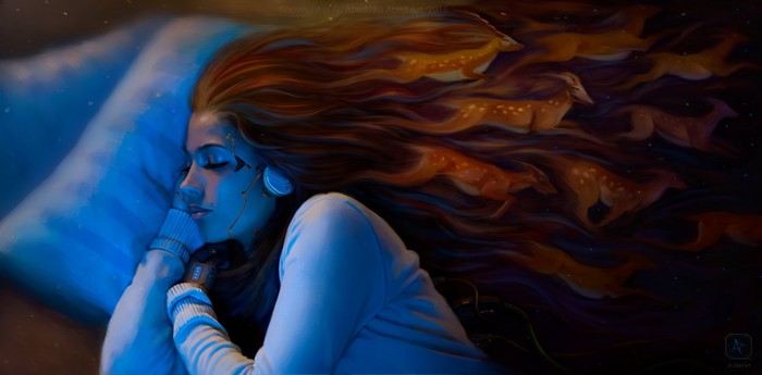 Woman sleeping with robotic implants and deer in her hair