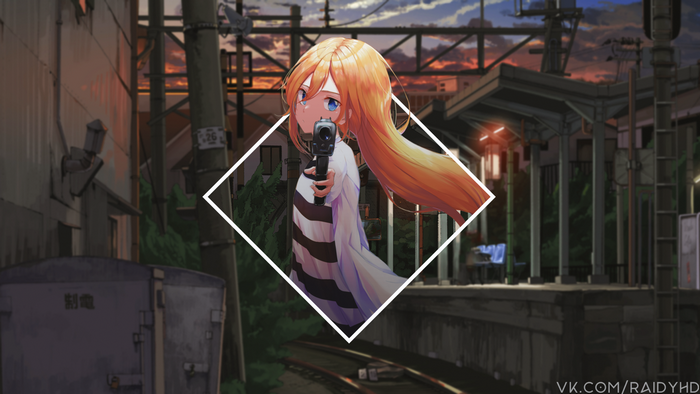 Anime girl with gun at train station at sunset