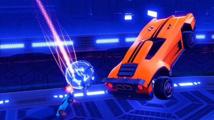 Rocket League Dominus car hitting a glowing ball