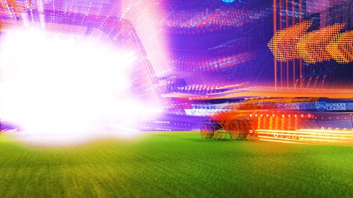 Rocket League car on a field with stadium lights