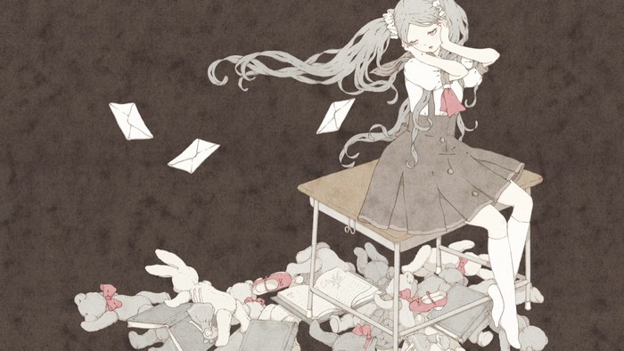 Sodachi Oikura from Monogatari Series sitting on a desk