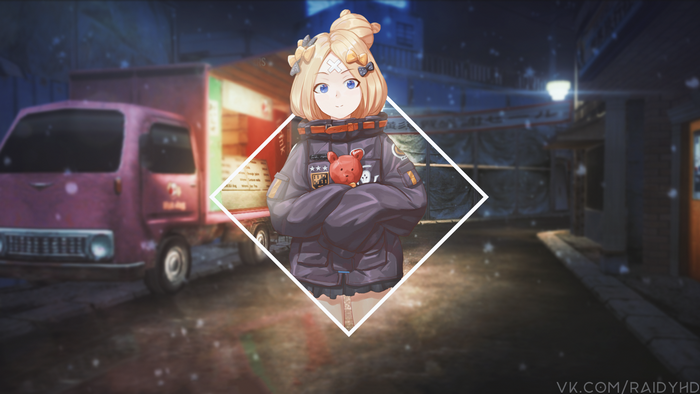 Anime girl with teddy bear in winter street