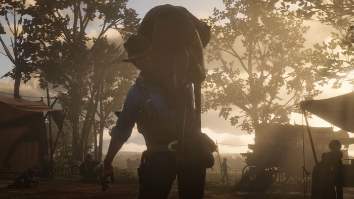 Man carrying a large animal in Red Dead Redemption 2