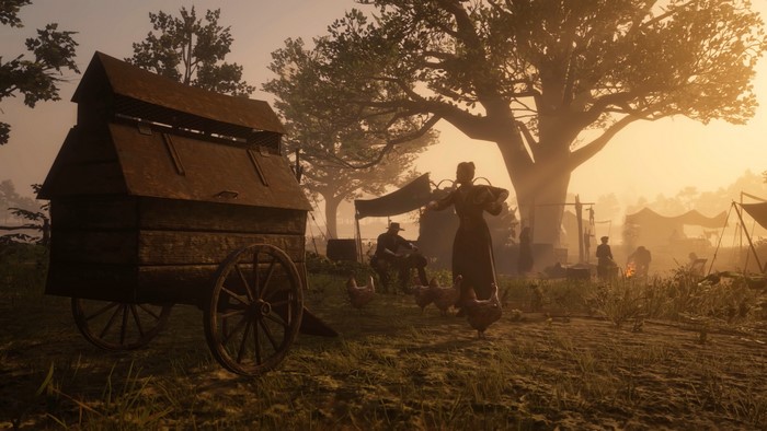 Red Dead Redemption 2 camp scene with chickens