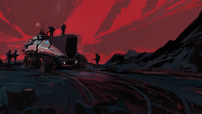 Astronauts with rover on alien planet under red sky