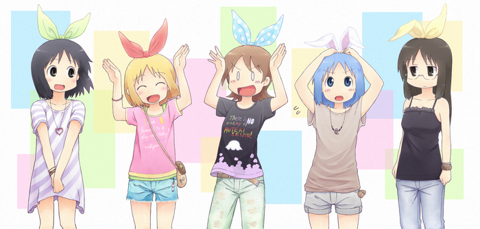 Five girls from Nichijou with bunny ears