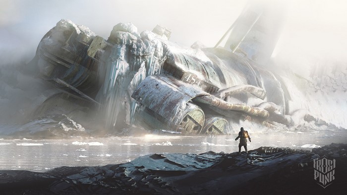 Frostpunk artwork of a frozen shipwreck and a lone figure