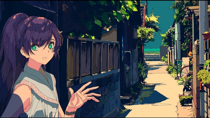 Anime girl with purple hair in a street