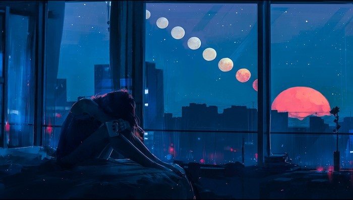 Illustration of a person sitting by a window at night