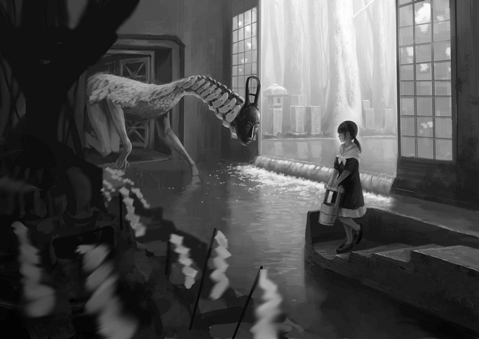Girl with bucket and creature in flooded interior