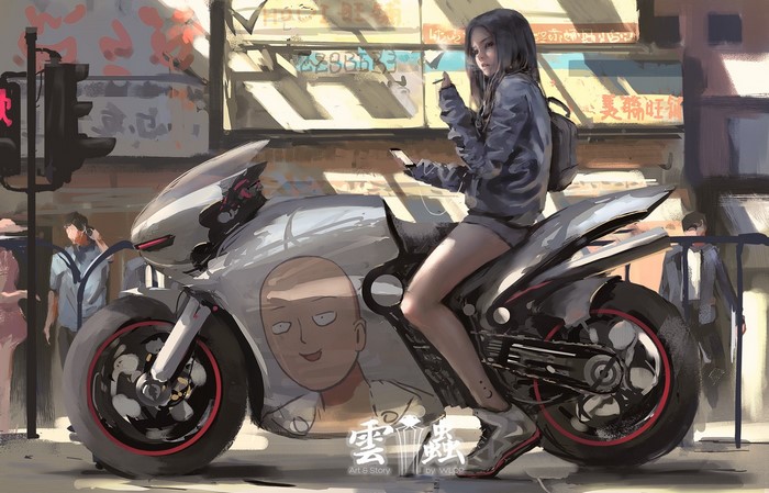Saitama from One-Punch Man on a motorcycle