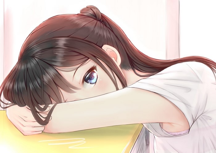 Anime girl with brown hair and blue eyes lying down