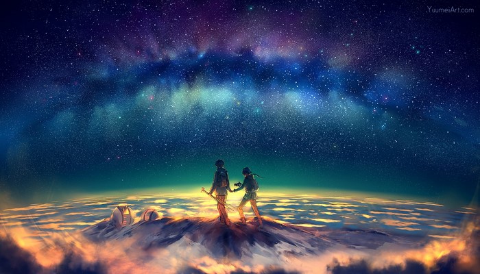 Two figures on a mountain top under a starry sky