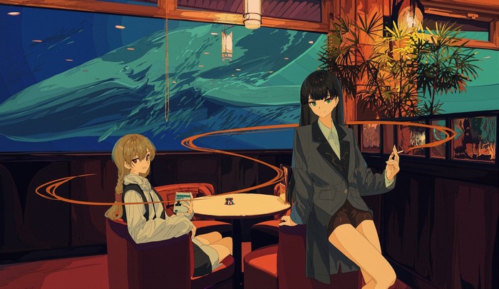 Two anime girls in a cafe with a whale in the background
