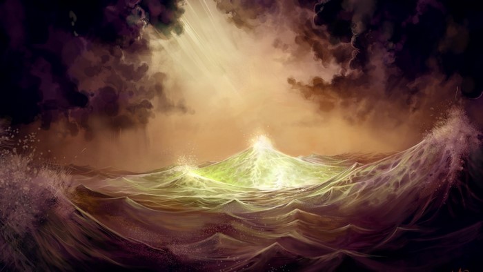 Stormy sea with sun rays breaking through clouds