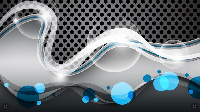 Abstract blue circles and white waves on a hexagonal pattern