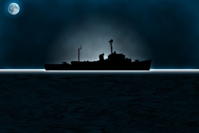 Silhouette of a ship on the sea under the moon
