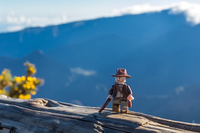 Indiana Jones LEGO figurine on a log with mountains