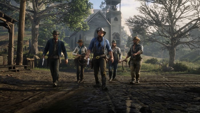Red Dead Redemption 2 characters walking in Valentine