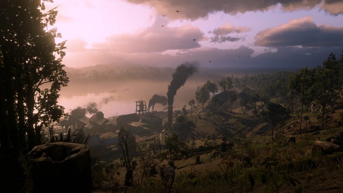 Red Dead Redemption 2 landscape with industrial settlement
