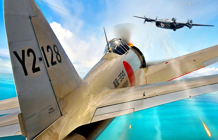 Japanese Zero and B-24 Liberator in aerial combat
