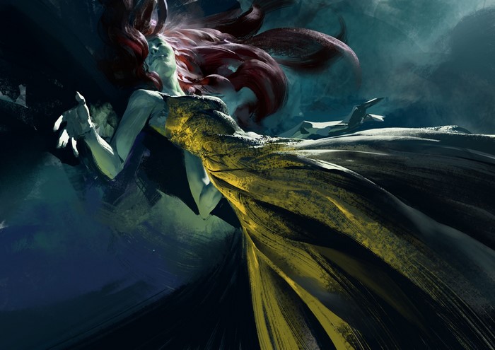 Fantasy girl with red hair in a yellow dress