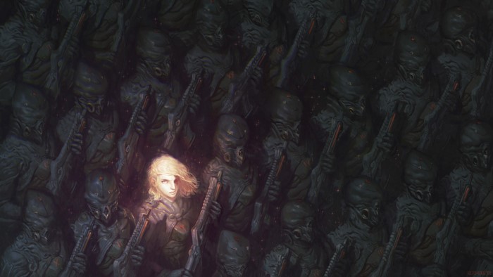 A lone girl surrounded by armed figures