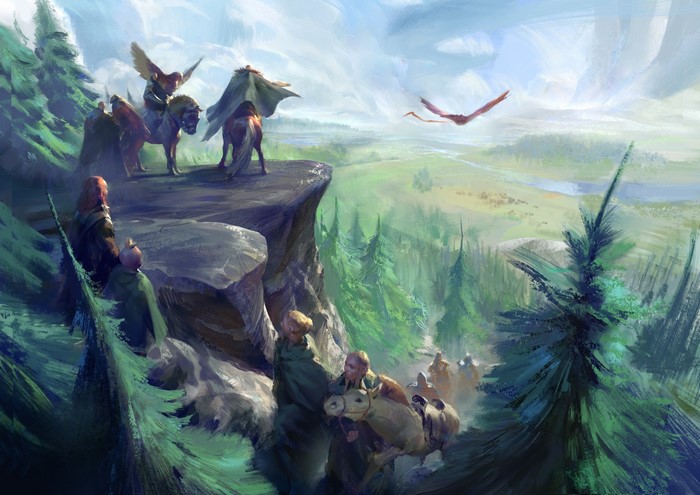 Fantasy warriors on horseback overlooking a valley with a dragon flying
