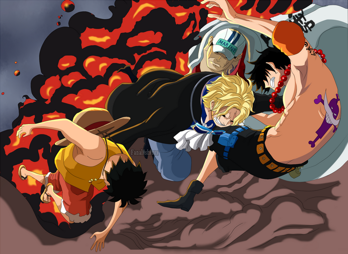 Sabo, Ace, Luffy, and Marine Admiral from One Piece
