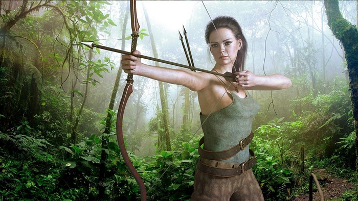 Lara Croft from Tomb Raider aiming a bow in a jungle