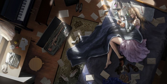Anime girl with mechanical arm sleeping on bed