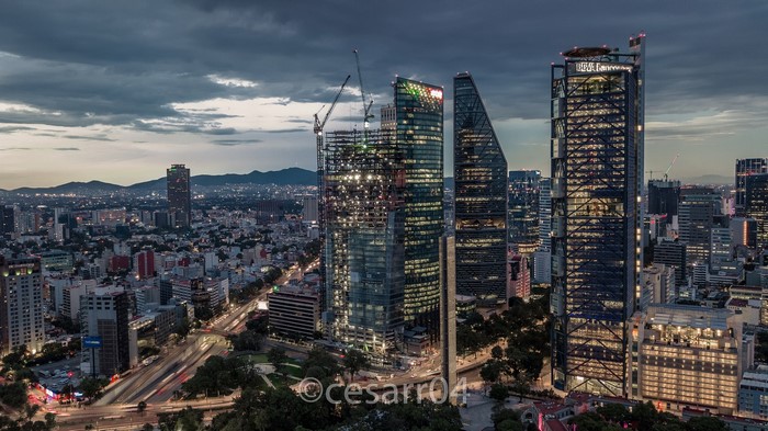 Mexico City cityscape with skyscrapers at dusk