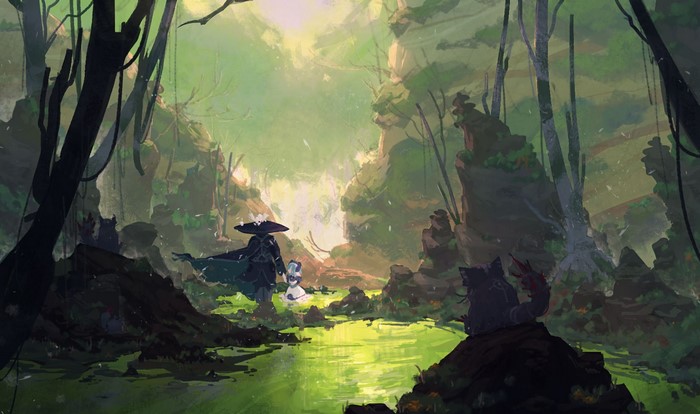 Artwork of characters in a fantasy forest