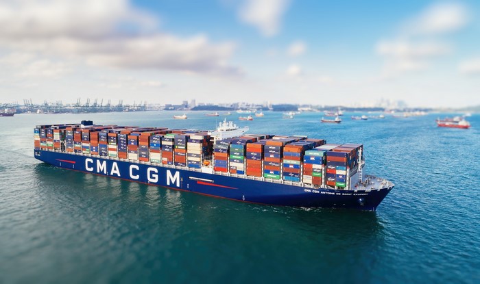CMA CGM container ship sailing on the sea
