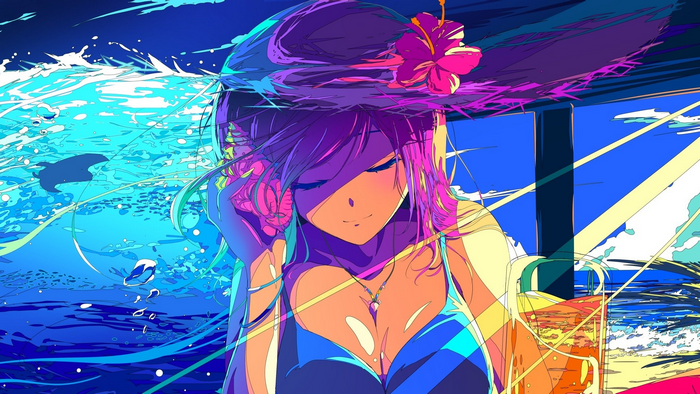Anime Girl in Blue Swimsuit on the Beach
