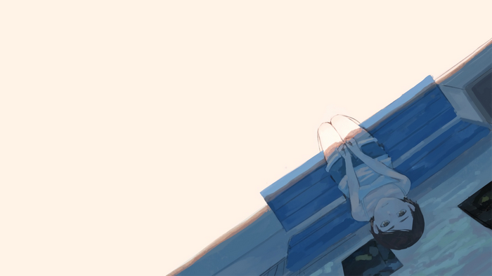 Anime girl sitting on a blue bench