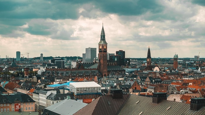 Copenhagen cityscape with historic towers and modern buildings