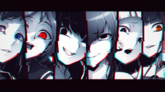 Collage of anime girls with glitch art effect