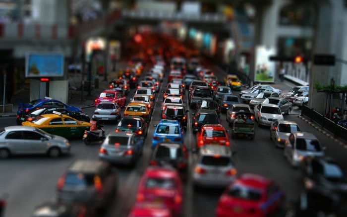 Tilt shift traffic jam in a city street