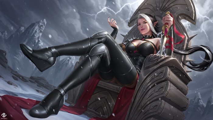 Warrior woman sitting on a throne with a dagger