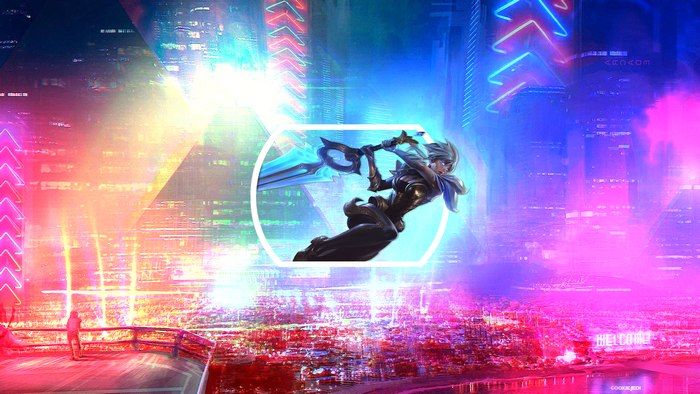 Riven from League of Legends in a cyberpunk cityscape